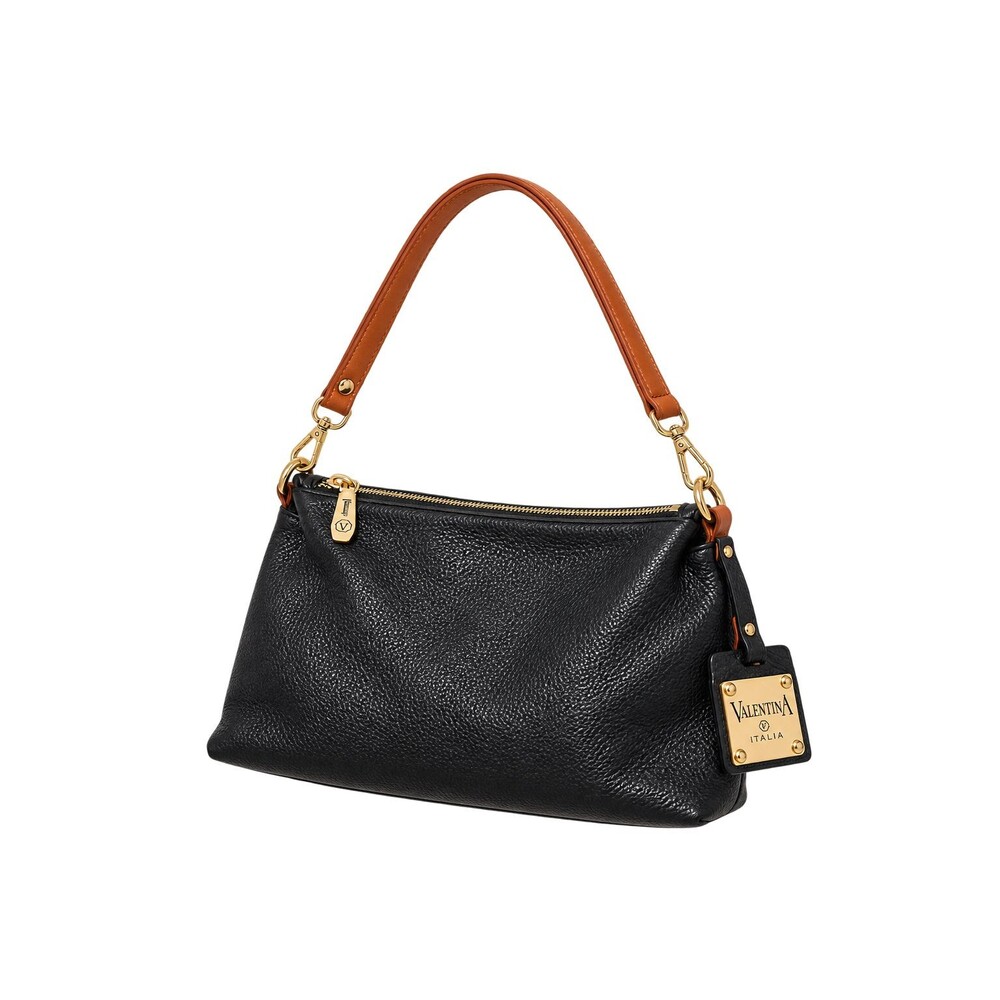 Valentina Italia Black Pebbled Leather Shoulder Bag Purse Tan Made in Italy